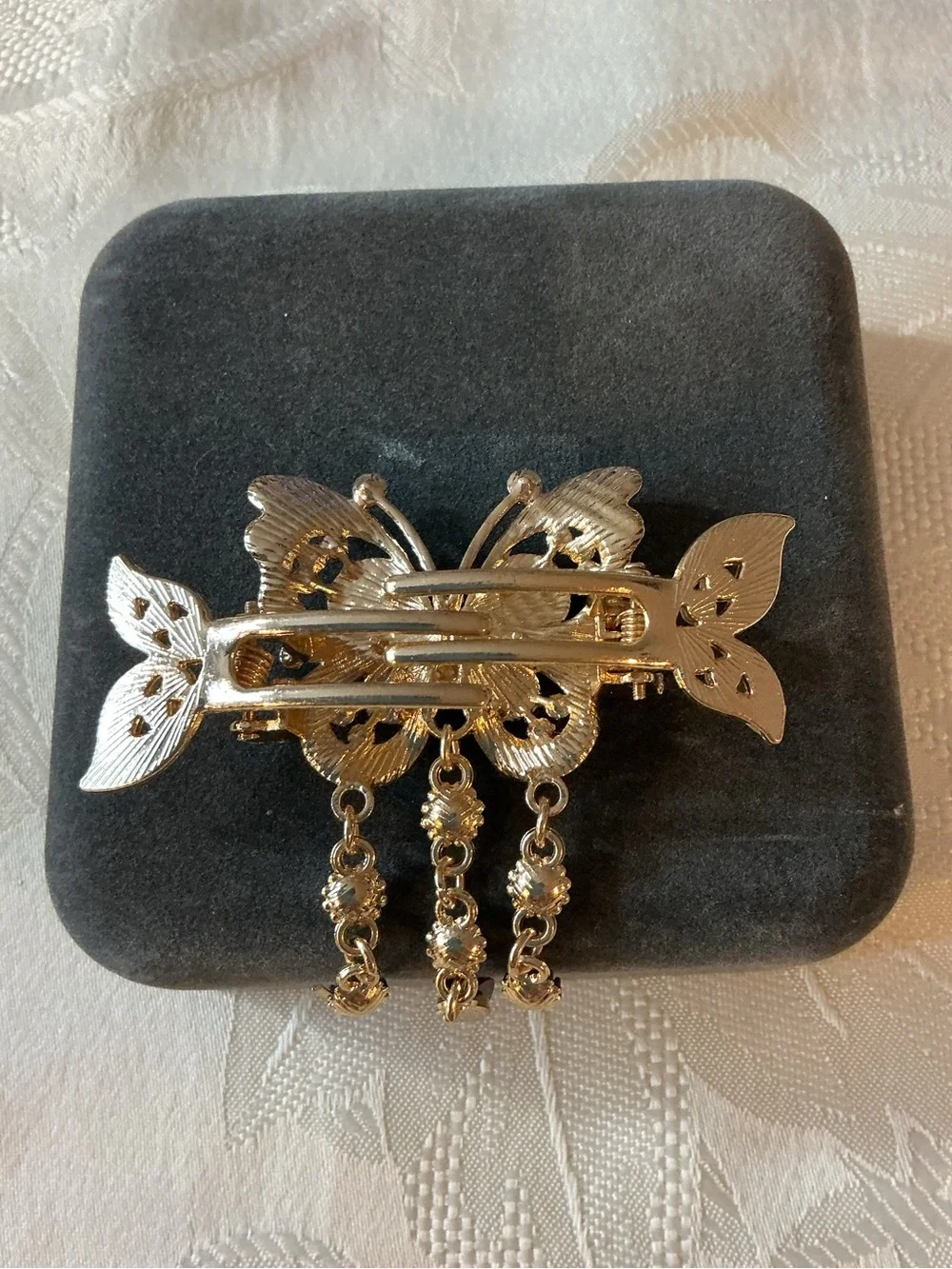 Red Enamel and Rhinestone Butterfly Gold Tone Dangle Hair Barrette